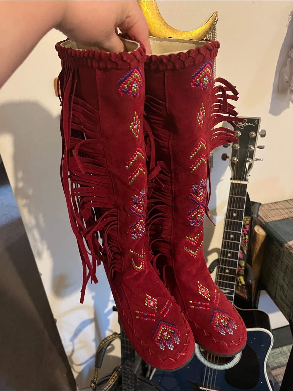 Red Embroidered Fringe Knee-High Women's Boots